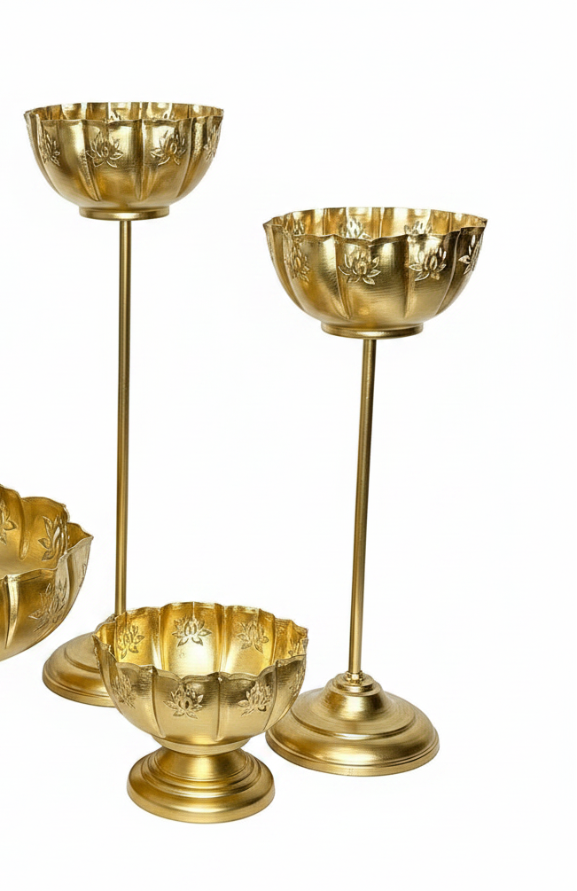 Lotus cut Urli with Lotus cut stand - Taj Urli Bowl (6 piece Set) |Standing candle holder|Hammered Iron| Metal Urli Bowl diya | Urli Bowl for Floating Flowers | Tea Light Candle, Diwali/housewarming festival decorations for Home