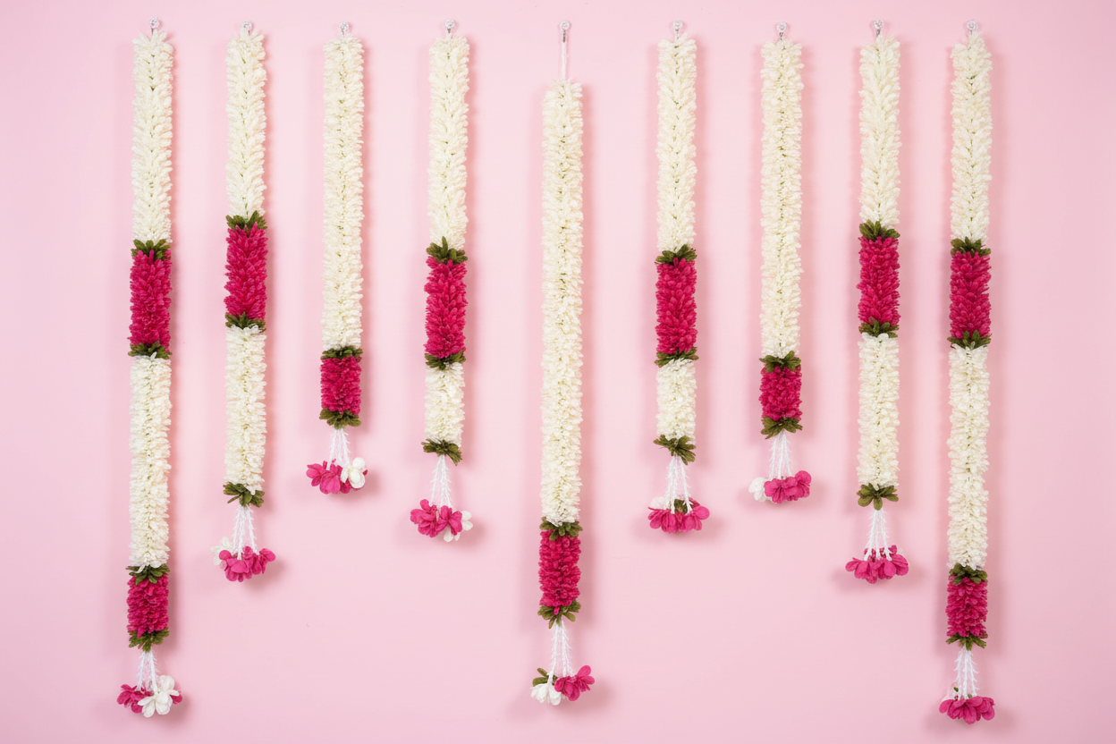 Indian Artificial flower garland|White and Pink Garland| pooja backdrop garland set for housewarming/festival decorations/pink garlands