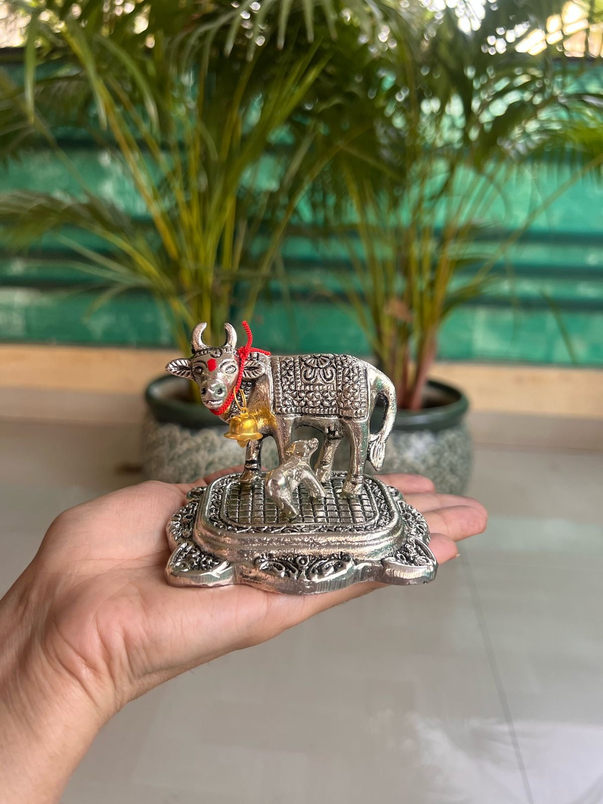 German Silver Kamdhenu Cow and Calf Statue for Housewarming Gifts– Traditional Return Gifts