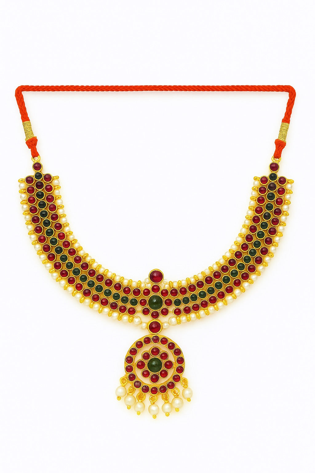 Pearl Red and Green Kemp temple Indian jewelry | Short Choker Necklace | Bharatnatyam Kuchipudi Engagement Weddings Birthdays | Classical Dance Jewelry
