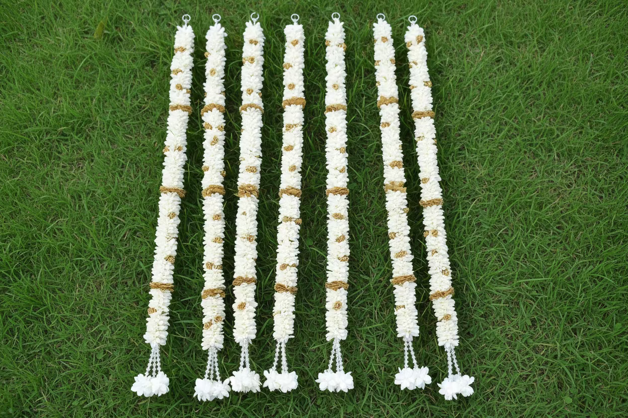 Gold and White Jasmine Garland| Indian Artificial garland | pooja backdrop garland set for housewarming/festival decorations