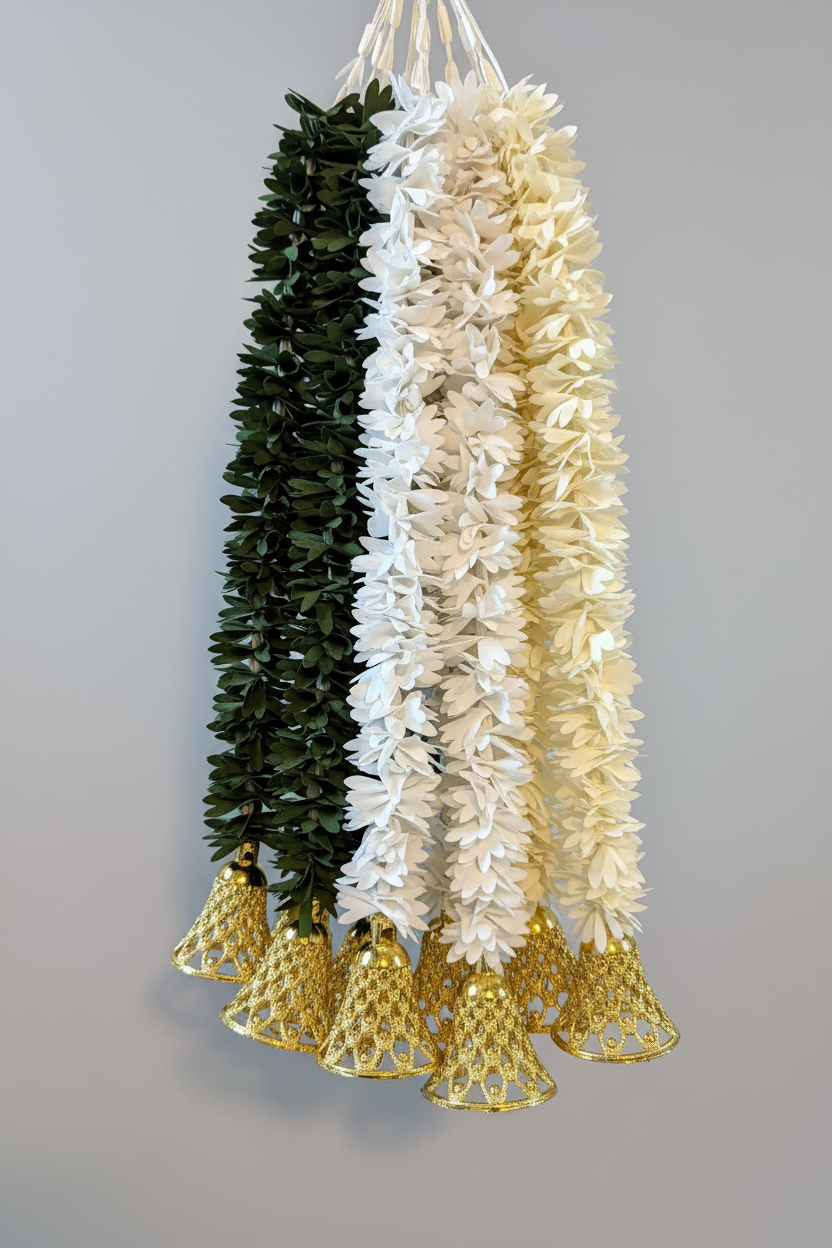 Jasmine Artificial garland with bell Decor / garland strings/ Pooja Decor / Indian Pooja Decor / Artifical Flower Decor / Flower Pooja Decor/ Ganesh Pooja Decor