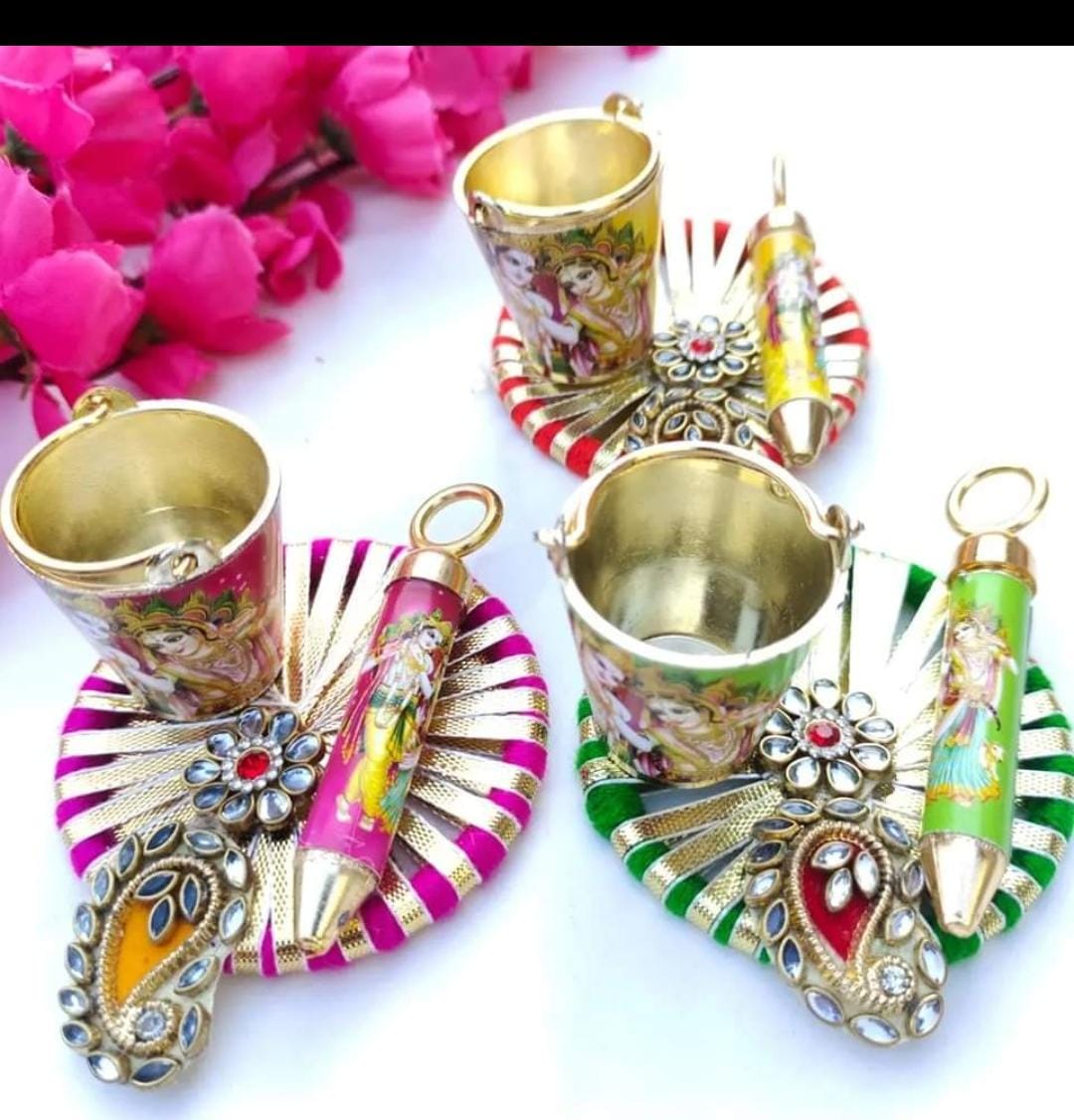 Holi Party Favor Handmade Balti Pichkari Plater set in Assorted colors |Handcrafted Haldi Kumkum Holder |Haldi Kumkum Plate, Return gifts for Holi festival, Roli Chawal Holder