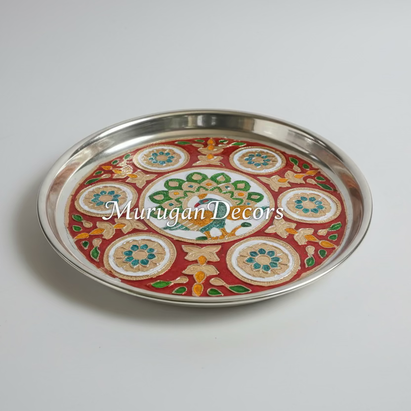 Meenakari Peacock/Flower design work steel plate|pooja thali|pooja plate| Housewarming Gift, Thambulam Plate, Pooja Gift, Return Gift, Navarathri gift, Diwali Gift