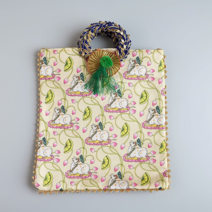 Pichwai Potli Bag | Embroidered Cow Design | Indian Wedding Return Gift Pouch|Pichwai potli bags | Indian Wedding Favor, Diwali Return Gift |Favors Housewarming Gifting | silk pichwai bags| Housewarming Gifts |Traditional Return Gifts
