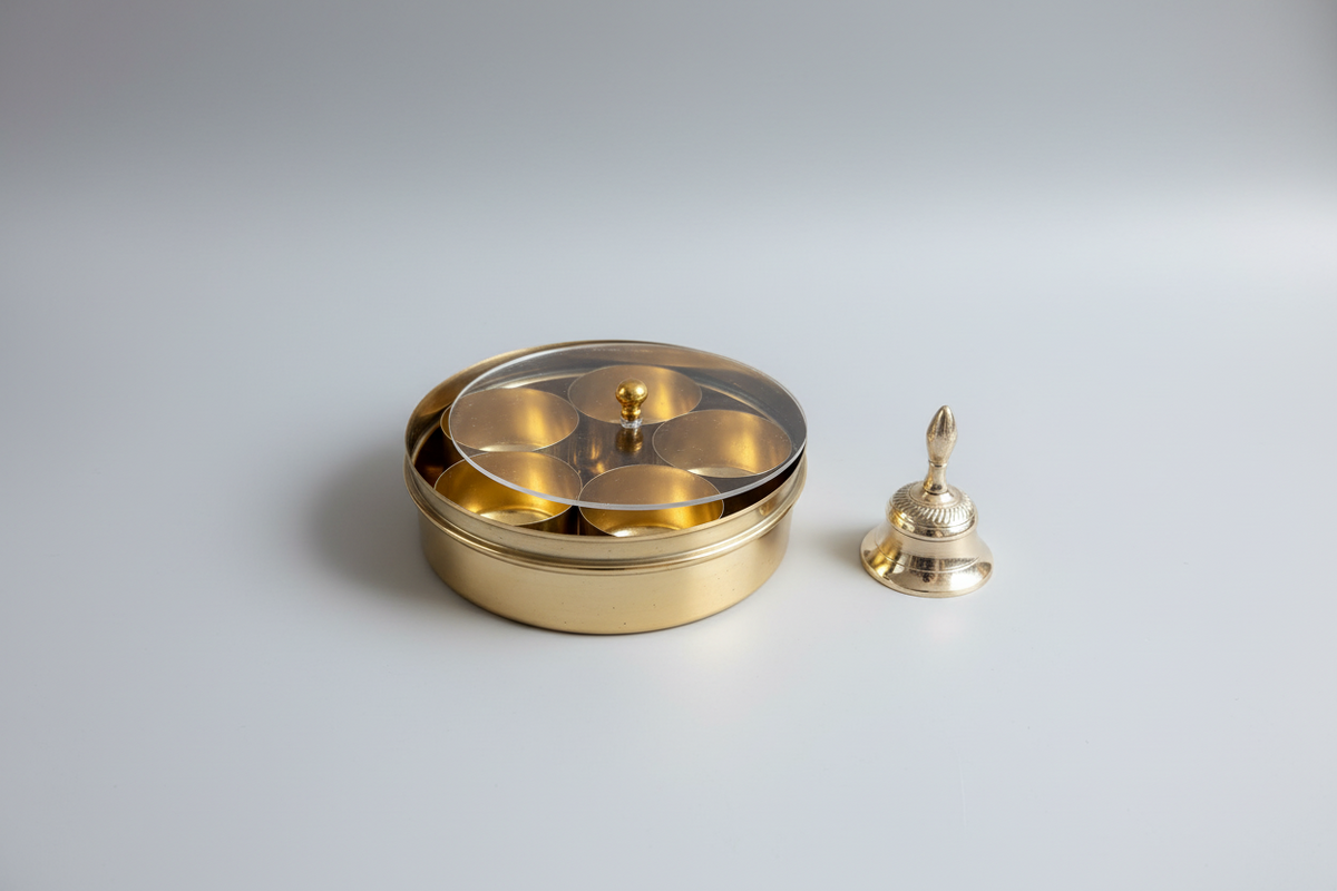 Traditional Brass Masala Dabba – 5-Compartment Indian Spice Box | Perfect for Housewarming , Diwali & Festival Return Gifts| Masala Spice Box, Pooja Storage| pooja favours | Navaratri return gifts
