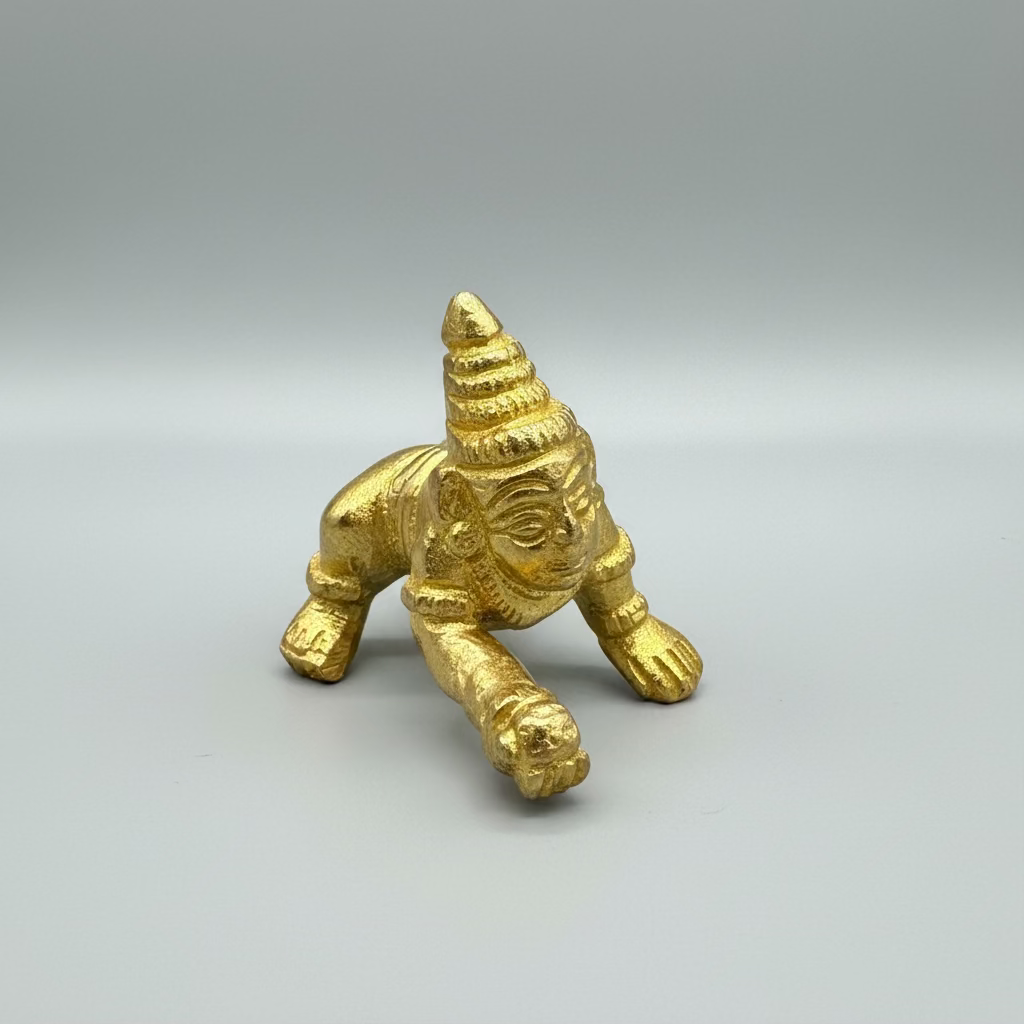 Brass Baby Krishna Idol | Laddu Gopal Statue 2" Height x 2.5" Length | Handcrafted Bal Gopal Murti for Home Pooja Mandir & Janmashtami