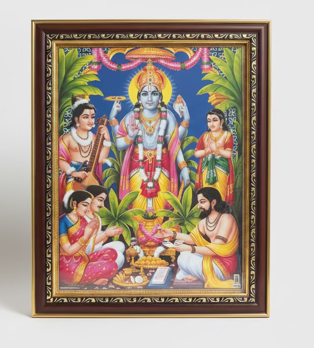 Lord Satyanarayana Swami Photo with Frame Satyanarayana Swamy Vishnu Avatar Satyanarayana Swamy Photo Frame Pooja Photo Multicolor Sat Narayan Ji alongwith Narad ji (Hanging) Size 13X10 Inch