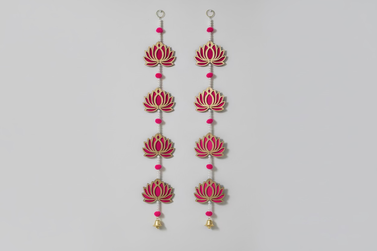 2 Pcs Acrylic Lotus with Bell | Indian Hanging Decorations | Acrylic, 2 feet | Lotus Wall Hanging for Backdrop Decoration, Ganesh Chaturthi Decoration, Pooja, Mandir, Diwali Décor