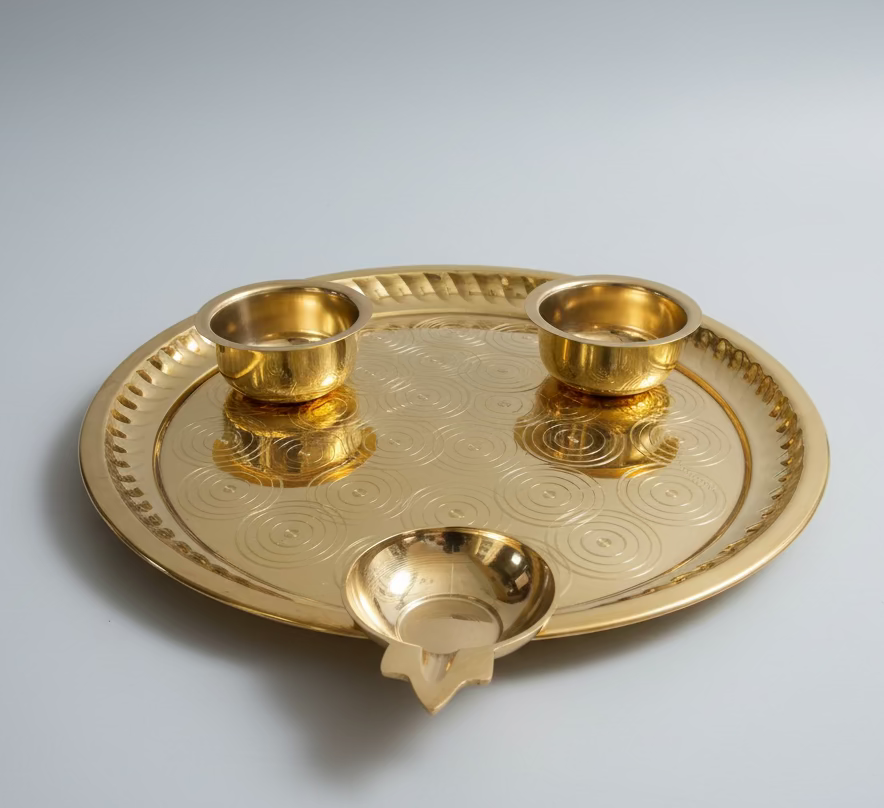 Brass Pooja Thali Set – Complete Aarti Plate with 2 bowls Set with Diya| Accessories for Hindu Worship