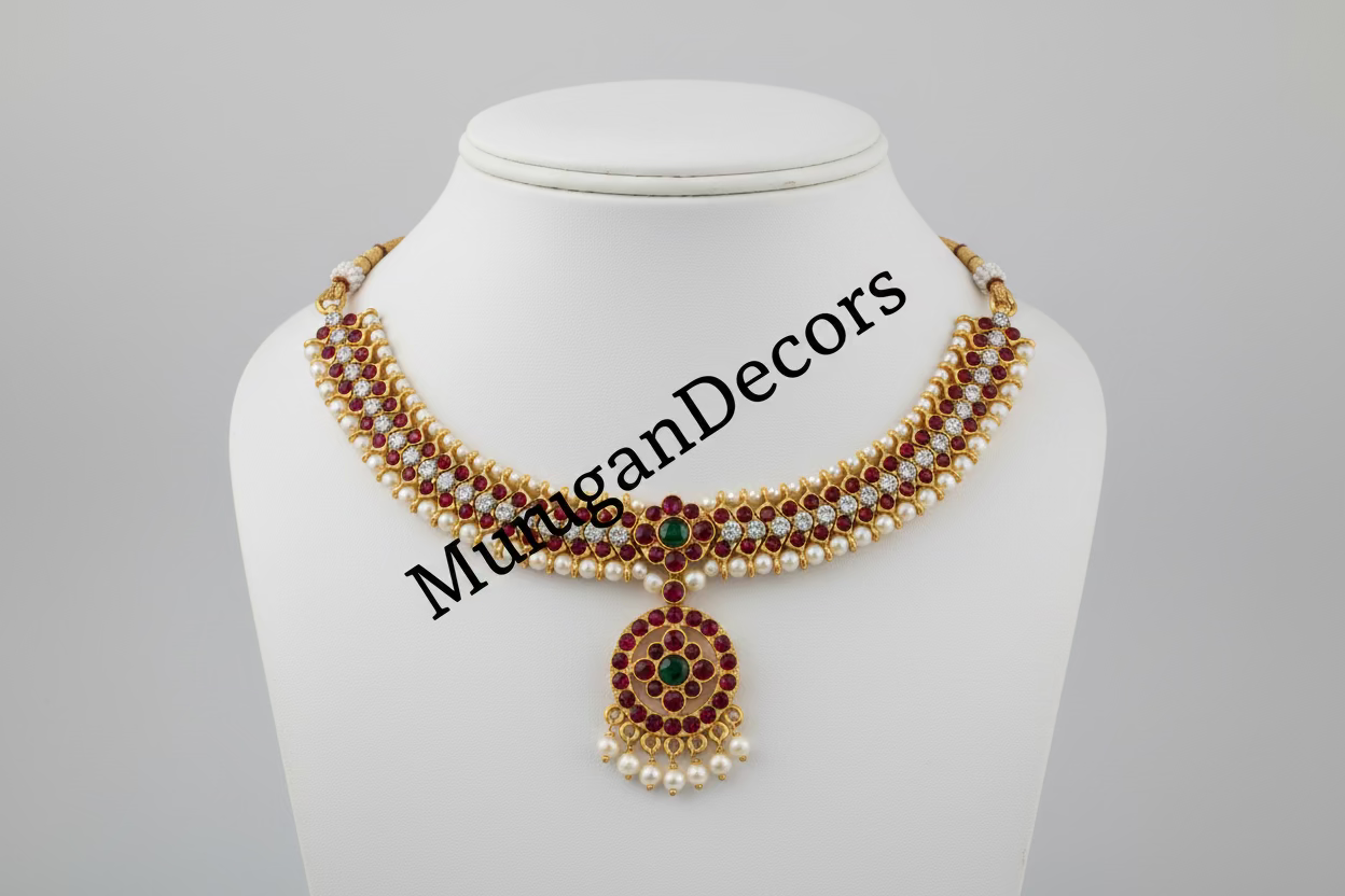Pearl Red and white Kemp temple Indian jewelry | Short Choker Necklace | Bharatnatyam Kuchipudi Engagement Weddings Birthdays | Classical Dance Jewelry