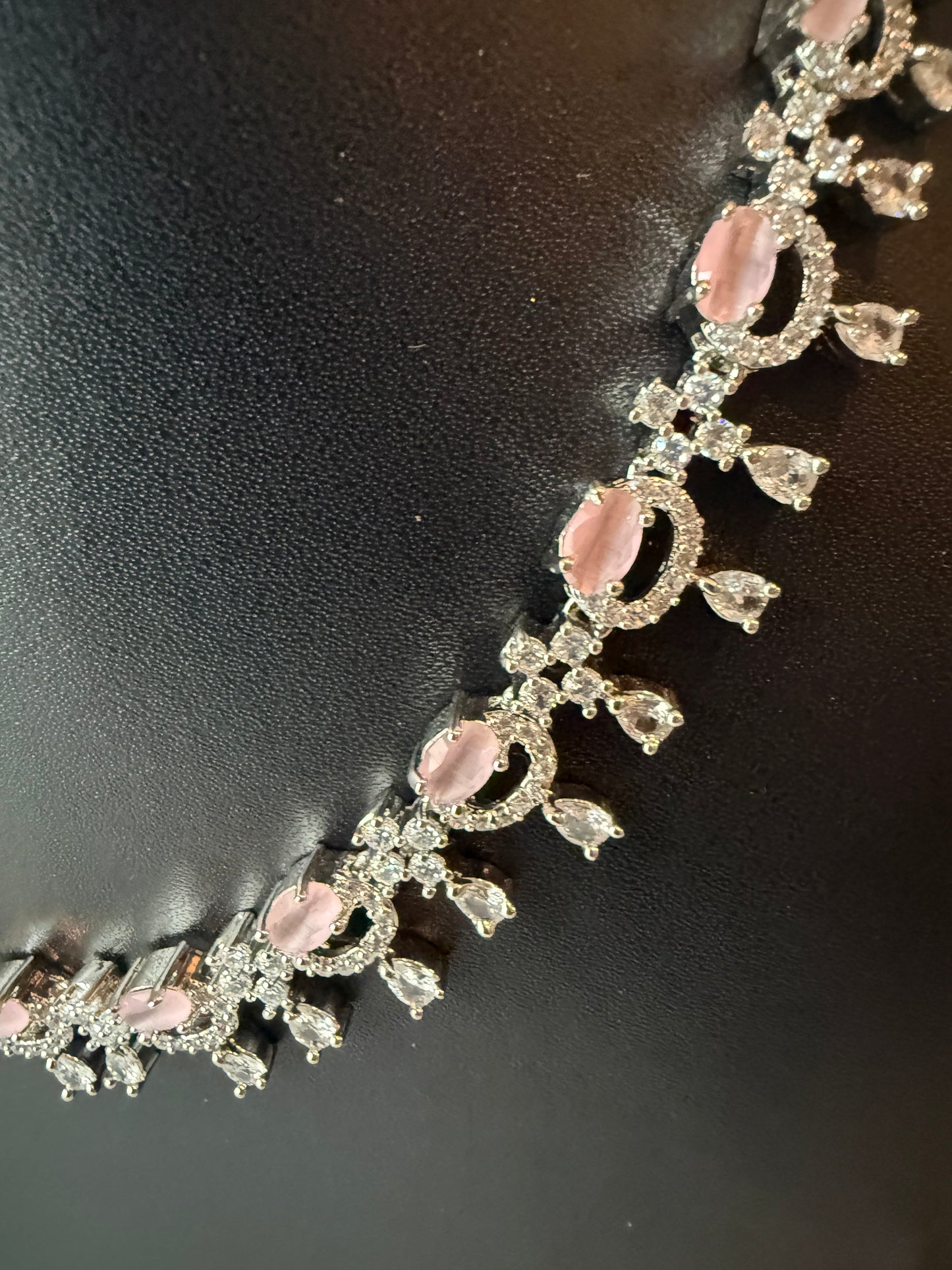 AD Stone Indian Artificial Jewelry Set – Silver with Pink Stone Necklace with Earring Set |Indian Artificial Jewelry Online USA |AD Stone | Gold Plated Imitation Jewelry for Weddings, Festivals| Celebrations,Parties