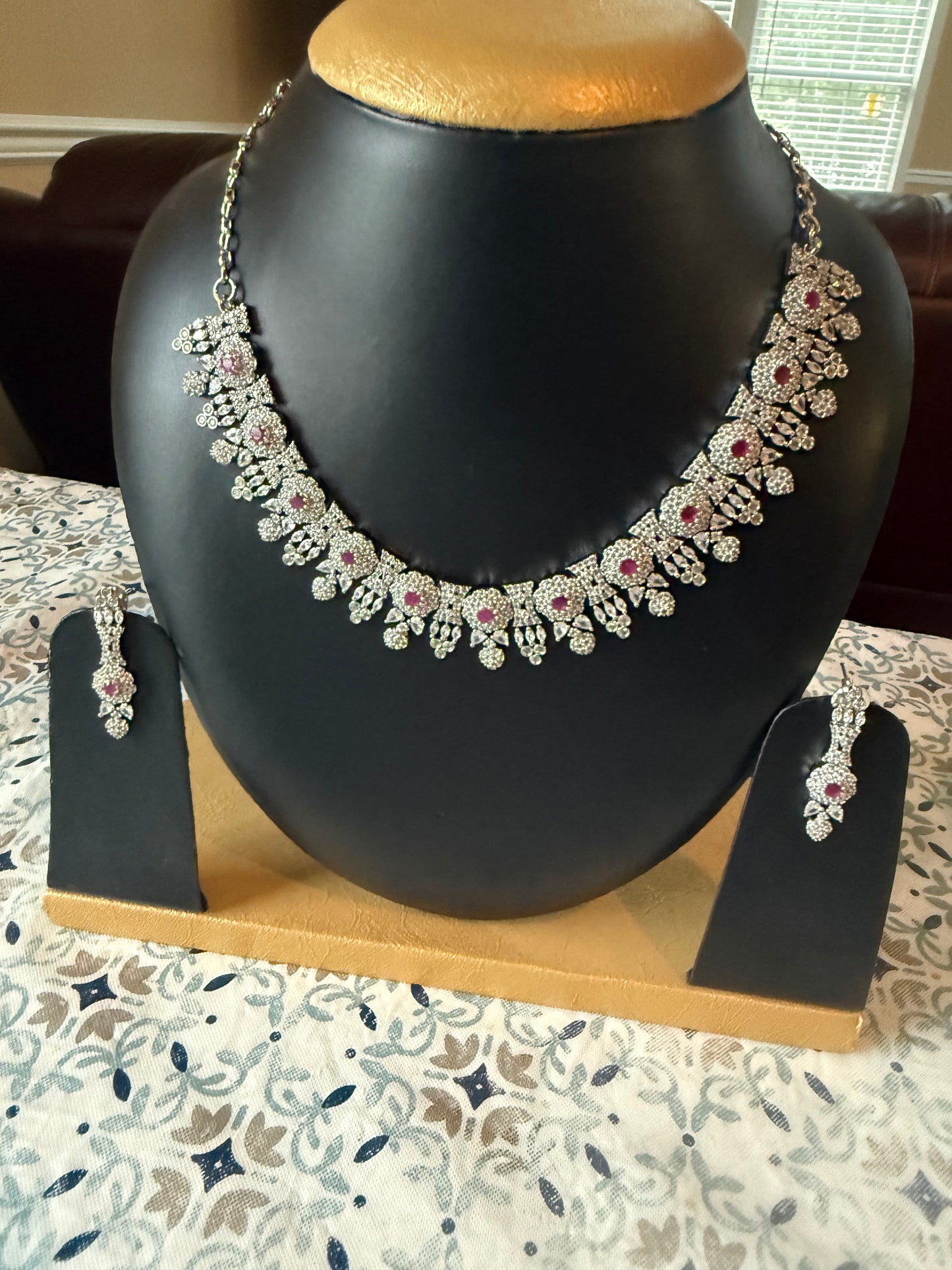 AD Stone Indian Artificial Jewelry Set – Silver Flower with Pink Stone Necklace and Earring Set |Indian Artificial Jewelry Online USA |AD Stone | Gold Plated Imitation Jewelry for Weddings, Festivals| Celebrations,Parties