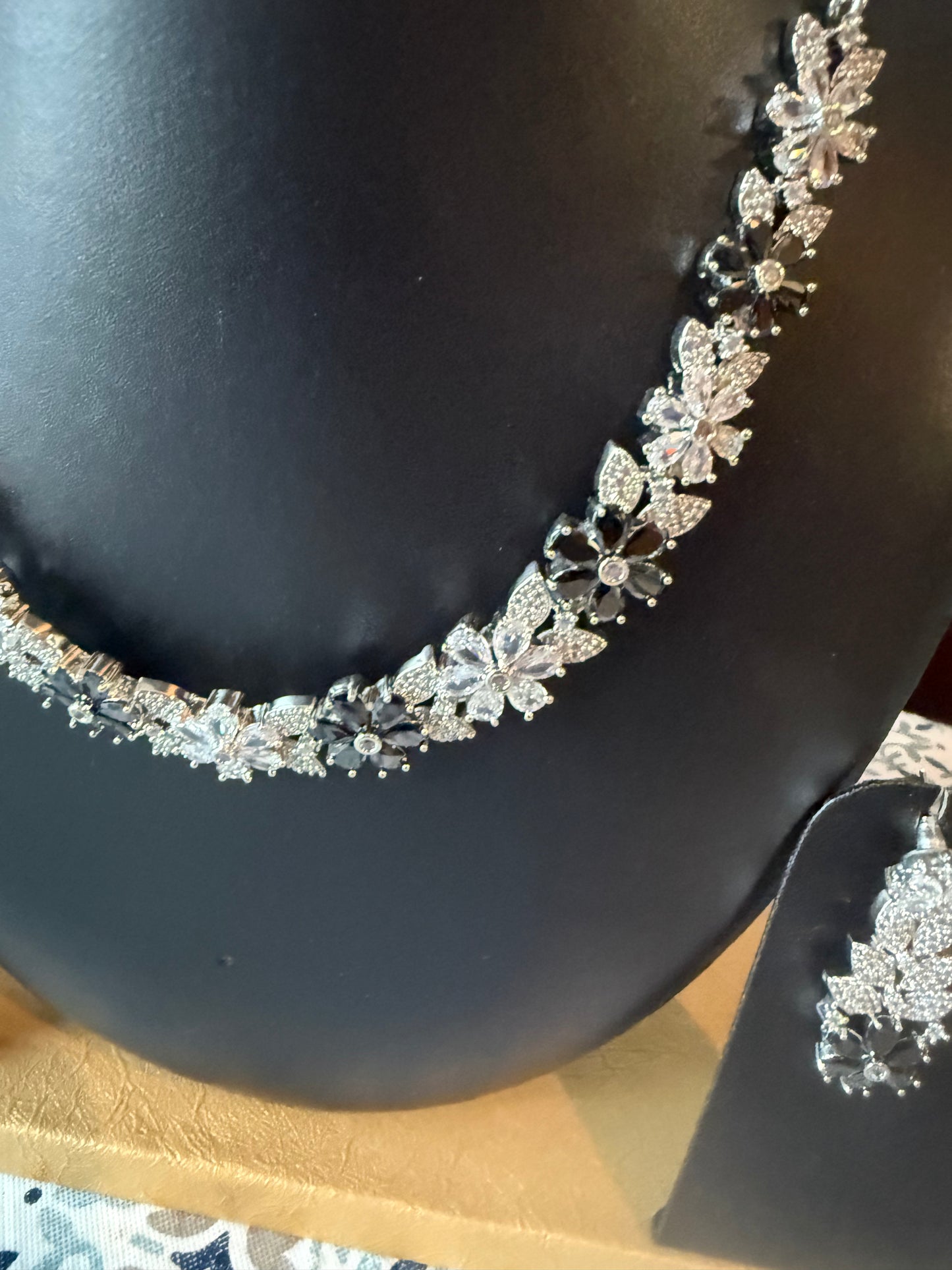 AD Stone Indian Artificial Jewelry Set – Silver white and Black flower Stone Necklace and Earring Set |Indian Artificial Jewelry Online USA |AD Stone | Gold Plated Imitation Jewelry for Weddings, Festivals| Celebrations,Parties