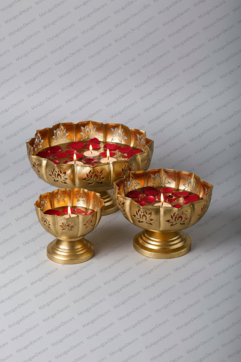 Lotus cut Urli - Taj Urli Bowl (3 piece Set) |Hammered Iron| Metal Urli Bowl diya | Urli Bowl for Floating Flowers | Diwali/housewarming festival decorations for Home