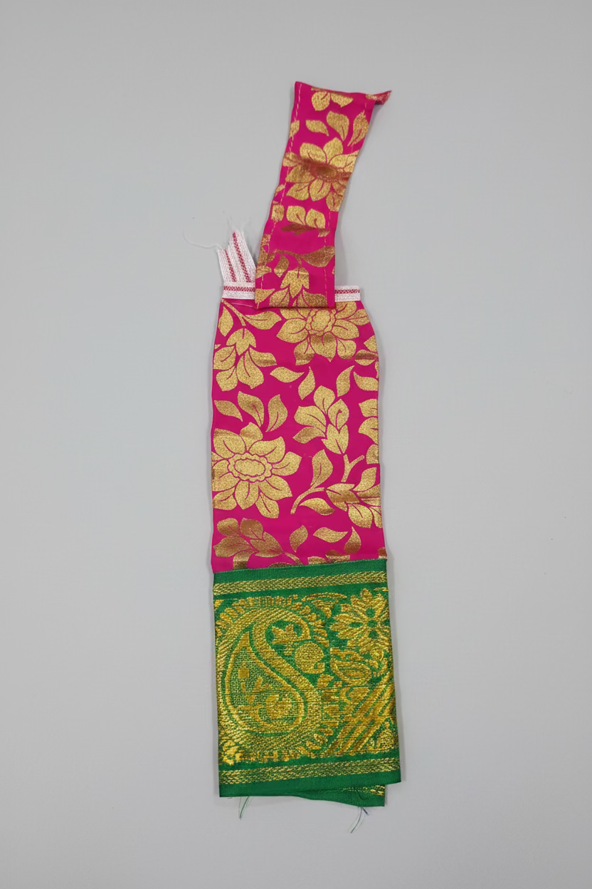 Shop Deity Dress/Amman Pavadai decoration A pink and green silk saree with gold zari paisley and floral motifs in USA at MuruganDecors