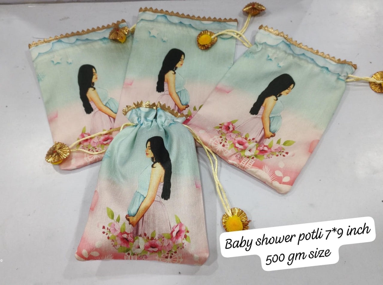 Four fabric baby shower potli bags with a pastel illustration of a woman in a pink dress and floral design, tied with gold-colored strings and shown on a light surface with a size label overlay.