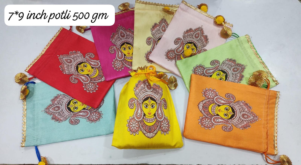 Silk Printed Potli Gift Bag | 7*9 Inches| Lakshmi ,Durga Design | Diwali, Pooja & Festival Return Gift Bag – MuruganDecors USA