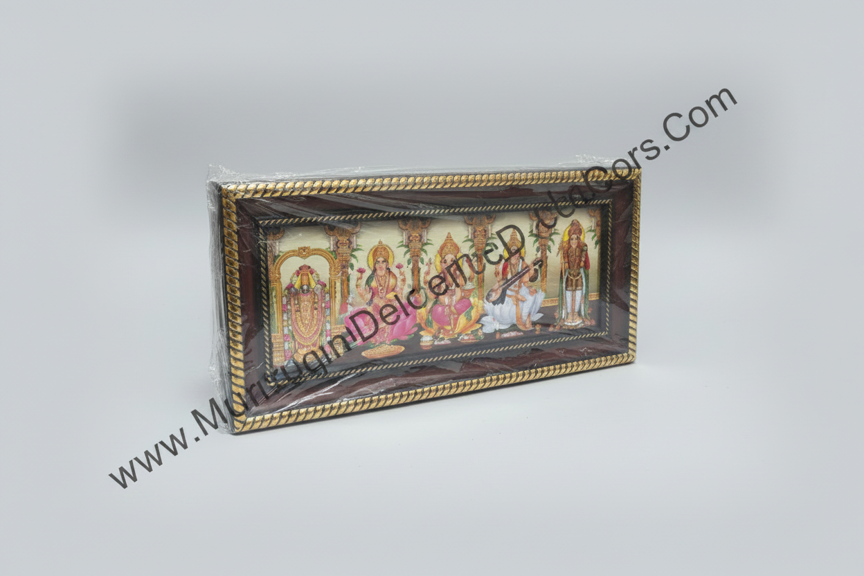 All 5 Hindu Gods Photo Frame - Brown Frame-Lakshmi, Ganesha, Saraswati, Balaji, Murugan Divine Set for Housewarming; Pooja Mandir