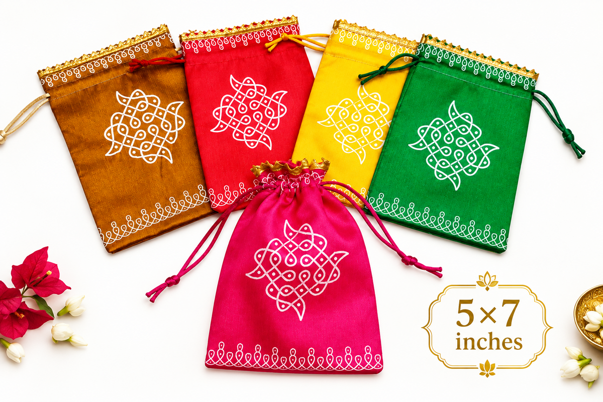 Silk Printed Potli Gift Bag | 7*9 Inches|Kolam Design | Navaratri, Pooja & Golu Festival Return Gift Bag – MuruganDecors USA