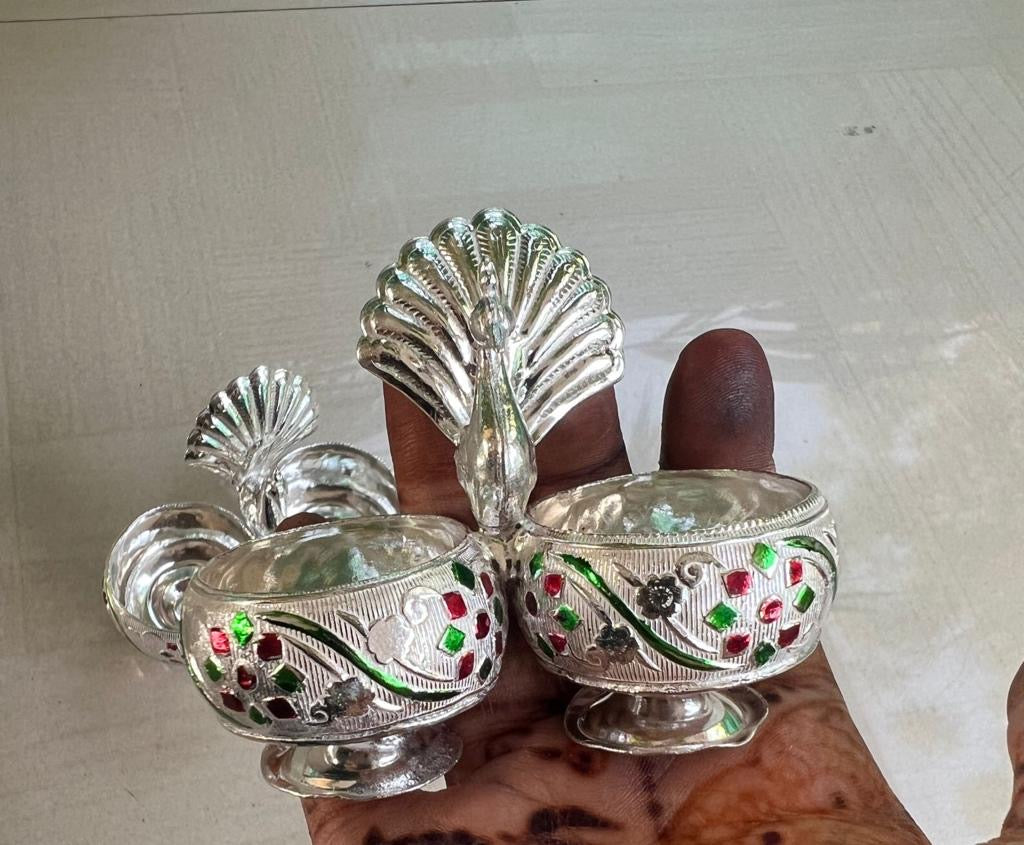 German Silver Plated Peacock Design Meenakari work Haldi Kumkum Holder/Kumkum Box/Kumkum Chopra, Sindur box, Puja Favors, Wedding Favors| return gifts| Favors Housewarming Pooja Gifting |Traditional Return Gifts