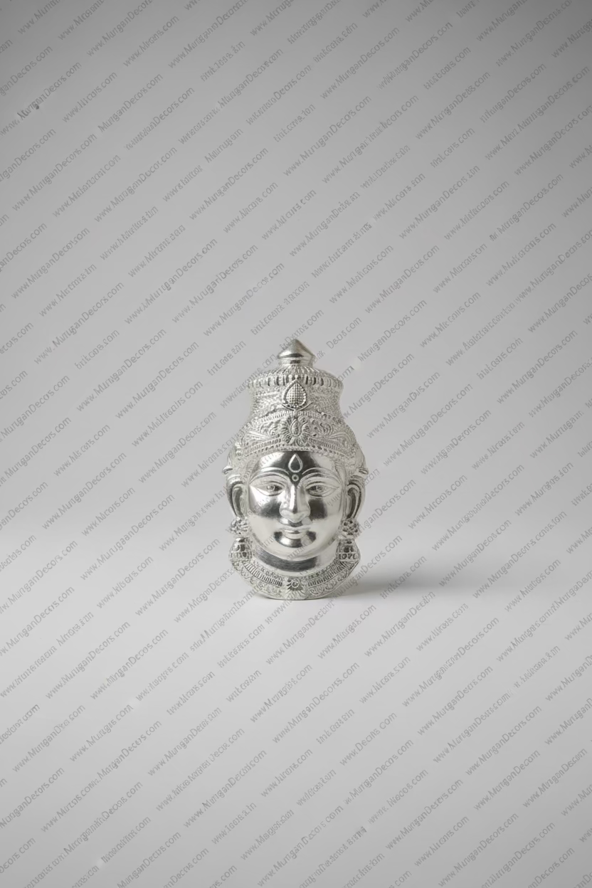 B(Plain silver face, simple clean finish, white background): German Silver White Metal Varalakshmi Amman Face Plain Finish with Crown and Bindi ā 6 Inch Lakshmi Devi Mugam for Varalakshmi Pooja ā MuruganDecors USA