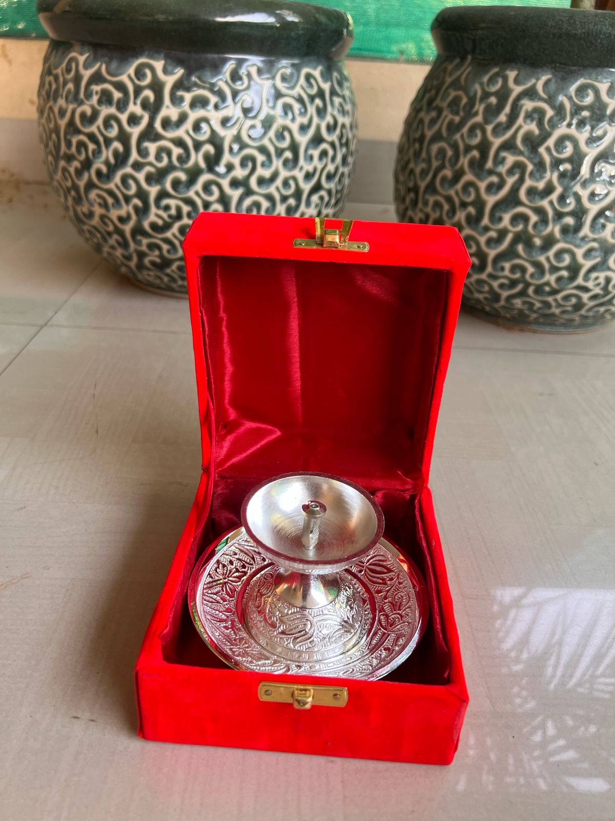 German Silver Akhand Deepam with plate in Velvet box | Wedding Favor, Religious Gift |Festival/Pooja return gifts| Favors Housewarming Gifting |Traditional Return Gifts