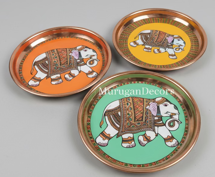 Muurugan Decors 7 inch copper coated stainless steel pooja plate with elephant meenakari stickers and housewarming pooja return gifts 