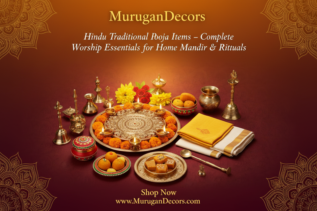 MuruganDecors promotional Banner for Hindu Traditiona Pooja Items for Home Mandhir & Rituals such as Pooja Thali,Pooja plate,Dhoti, Pooja Cloth,Haldi Kumkum , Prasad bowls,Pooja Utensils 