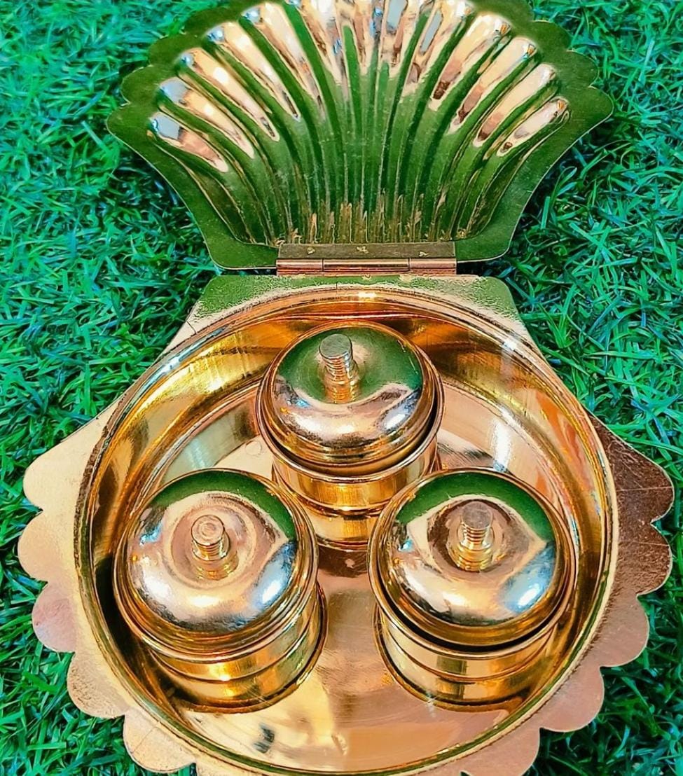 brass pooja box| Brass Oyster Shell Kumkum Container (5 Inch)|puja box with 3 haldhi kumkum bowl | pooja favours | housewarming return gifts