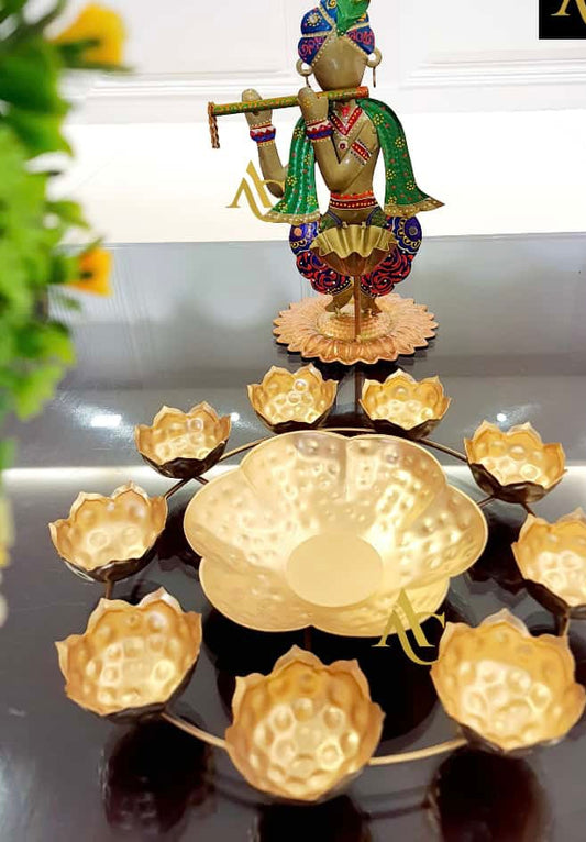 Urli Metal Bowl with diya for Decor | Iron | 12 Inch metal Urli bowl | Urlis for Decoration Indian | Urli Bowl for Floating Flowers, Tea Light Candle, Home, Diwali Decorations/housewarming decors for Home