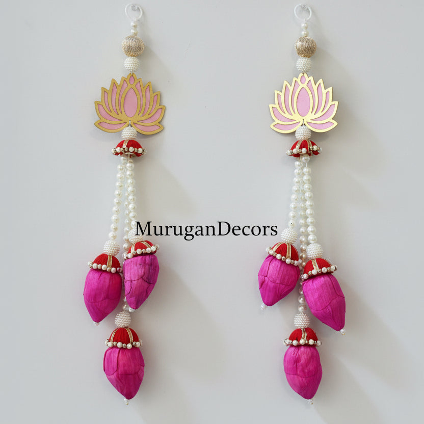 Pair Of Lotus Hanging for Decoration Floral Wall Hanging With Pearl Beads Lotus Buds, hanging toran / Lotus garland strings/ Pooja Decor / Indian Pooja Decor / Artifical Flower Decor / Flower Pooja Decor/ House warming  Decor