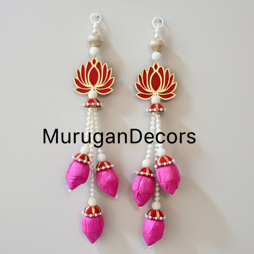 Pair Of Lotus Hanging for Decoration Floral Wall Hanging With Pearl Beads Lotus Buds, hanging toran / Lotus garland strings/ Pooja Decor / Indian Pooja Decor / Artifical Flower Decor / Flower Pooja Decor/ House warming  Decor