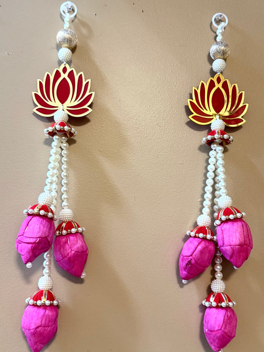 Pair Of Lotus Hanging for Decoration Floral Wall Hanging With Pearl Beads Lotus Buds, hanging toran / Lotus garland strings/ Pooja Decor / Indian Pooja Decor / Artifical Flower Decor / Flower Pooja Decor/ House warming  Decor