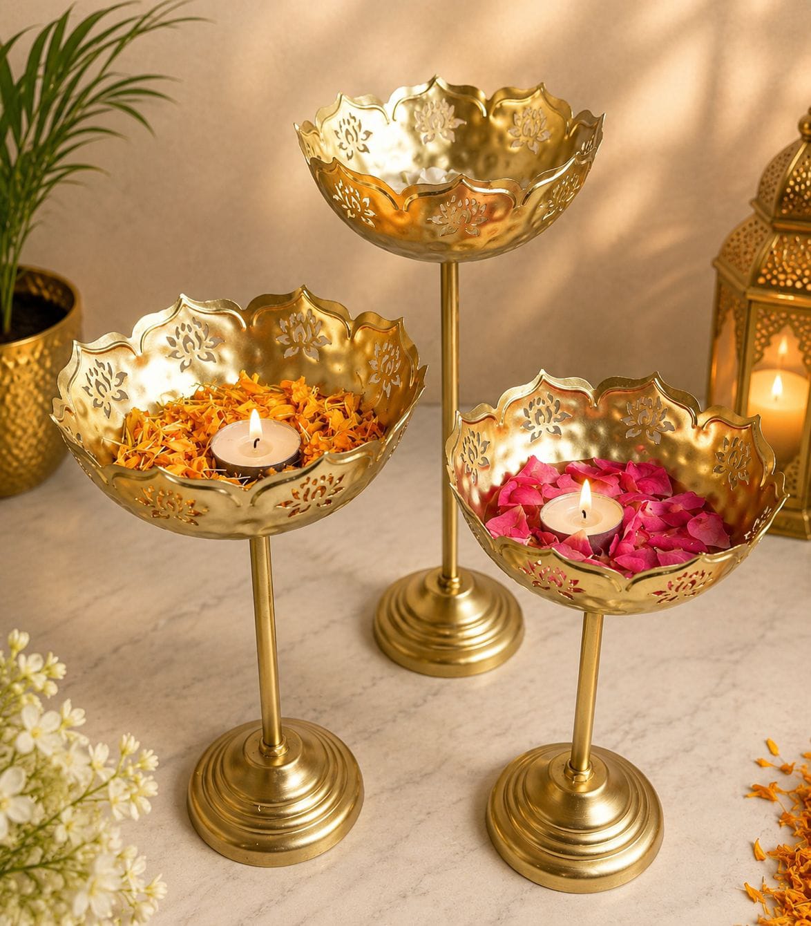 Lotus cut Urli with Lotus cut stand - Taj Urli Bowl (6 piece Set) |Standing candle holder|Hammered Iron| Metal Urli Bowl diya | Urli Bowl for Floating Flowers | Tea Light Candle, Diwali/housewarming festival decorations for Home
