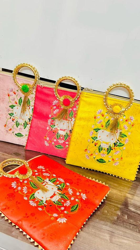 Pichwai Potli Bag | Embroidered Cow Design | Indian Wedding Return Gift Pouch|Pichwai potli bags | Indian Wedding Favor, Diwali Return Gift |Favors Housewarming Gifting | silk pichwai bags| Housewarming Gifts |Traditional Return Gifts