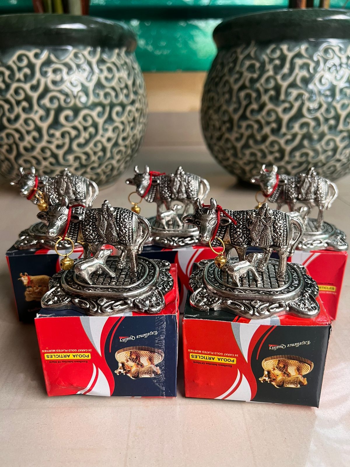 German Silver Kamdhenu Cow and Calf Statue for Housewarming Gifts– Traditional Return Gifts