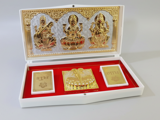 Laxmi Ganesh Saraswati with padam Pocket Temple Religious Box | Charan Paduka box | Indian Gift Box |Wedding Return Gift  | housewarming pooja gifts| return gifts| Favors Housewarming Gifting | Pooja Gifts– Traditional Return Gifts