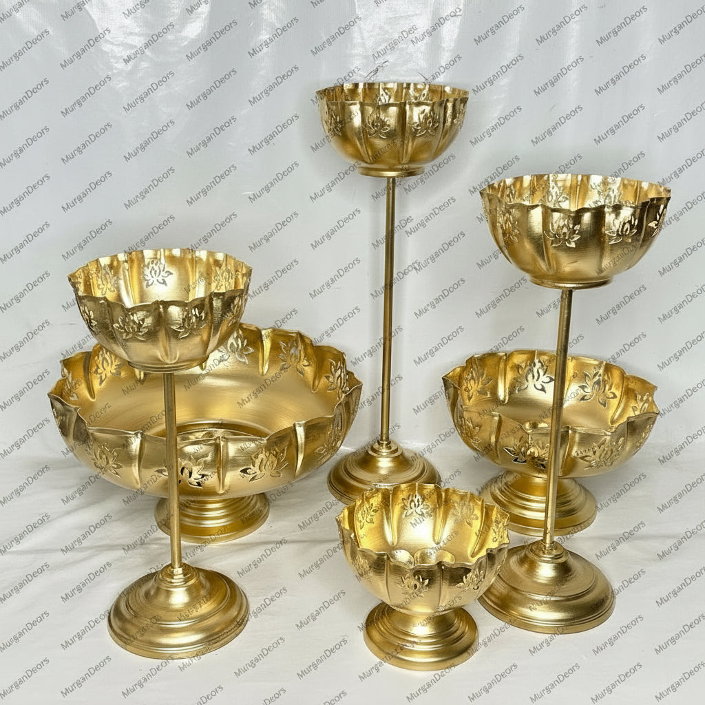 Lotus cut Urli with Lotus cut stand - Taj Urli Bowl (6 piece Set) |Standing candle holder|Hammered Iron| Metal Urli Bowl diya | Urli Bowl for Floating Flowers | Tea Light Candle, Diwali/housewarming festival decorations for Home