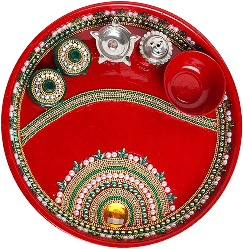 Decorative Red Steel Pooja Thali Set – 10" Handcrafted Aarti Plate with Bowls, Diya &amp; Essential Pooja Articles for Festivals &amp; Weddings