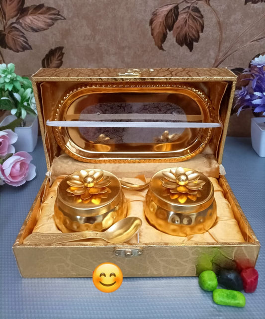 Copper & Brass Decorative Storage Jar with Floral Lid in Golden Box | Indian Gift Box | Dry fruit jar and tray|Wedding Return Gift | Home Décor | housewarming pooja gifts| return gifts| Favors Housewarming Gifting | Pooja Gifts– Traditional Return Gifts
