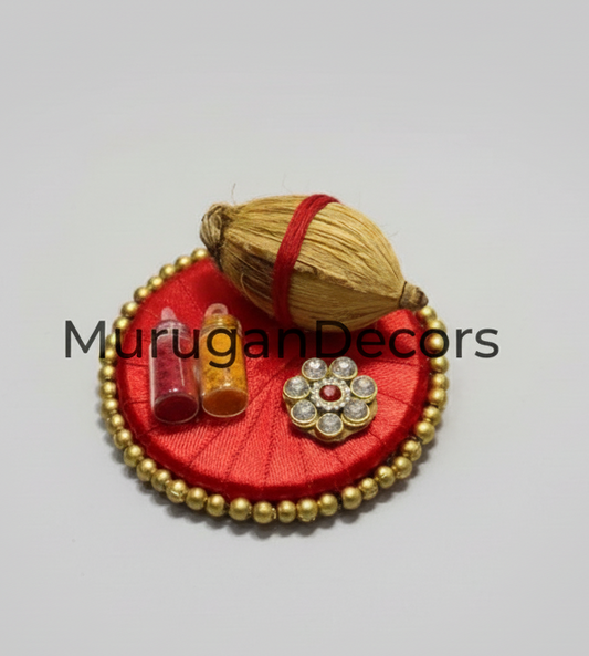 Hancrafted Haldi Kumkum favors with Mini Gota Wrapped Coconut | for Indian Return Gifts | Housewarming-Handmade haldi kumkum Chawal Holder Pooja thali ,Return Gifts,Housewarming Gifts, Puja Favors,For Guests,wedding favor|thamboolam