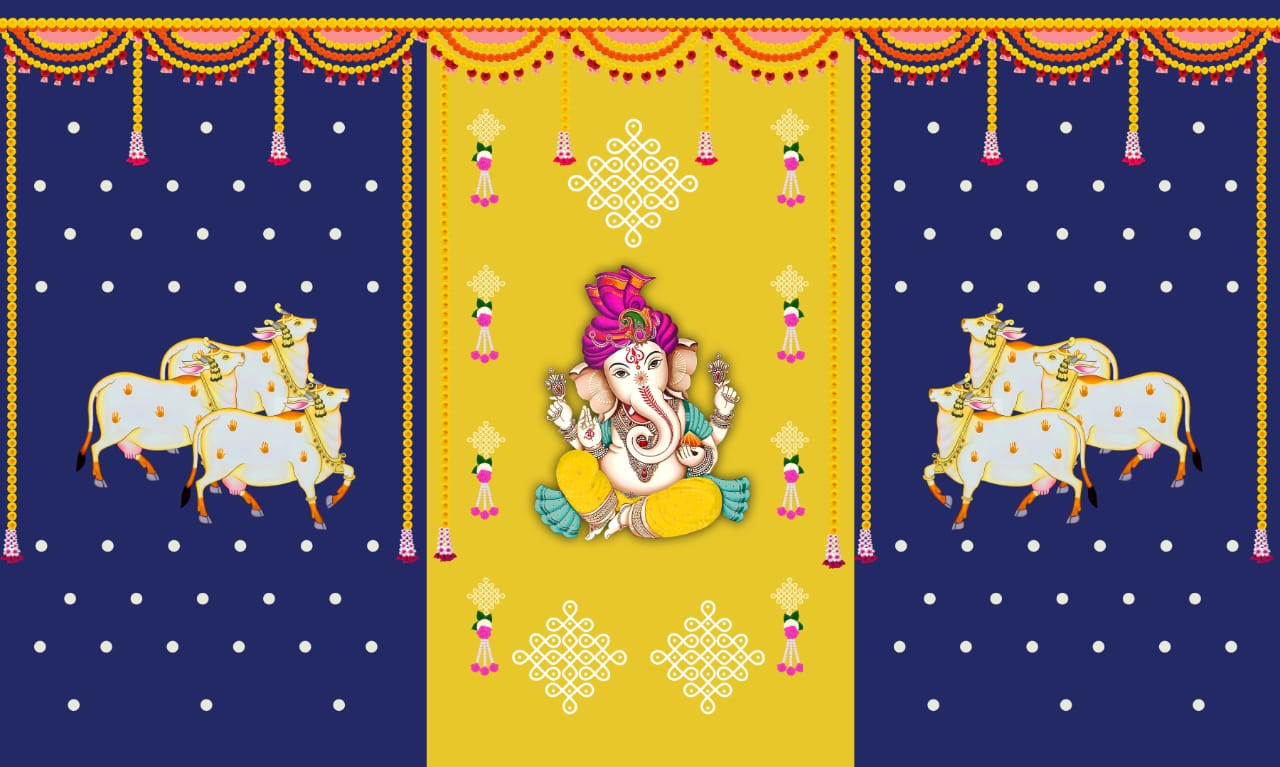 Traditional Indian Housewarming Pooja Backdrop |Ganesha Puja Backdrop | Pichwai/Cow Backdrop| Cloth Backdrop Decoration |Navaratri | Ganesh Chaturthi | Diwali| Wedding | Housewarming Back drop