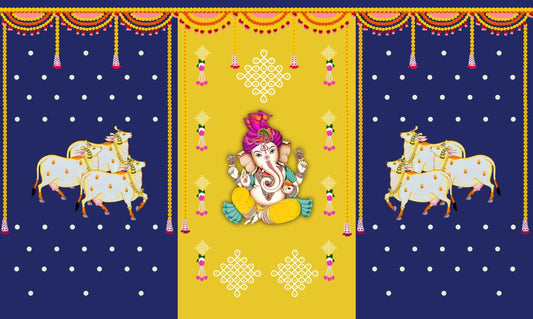 Traditional Indian Housewarming Pooja Backdrop |Ganesha Puja Backdrop | Pichwai/Cow Backdrop| Cloth Backdrop Decoration |Navaratri | Ganesh Chaturthi | Diwali| Wedding | Housewarming Back drop
