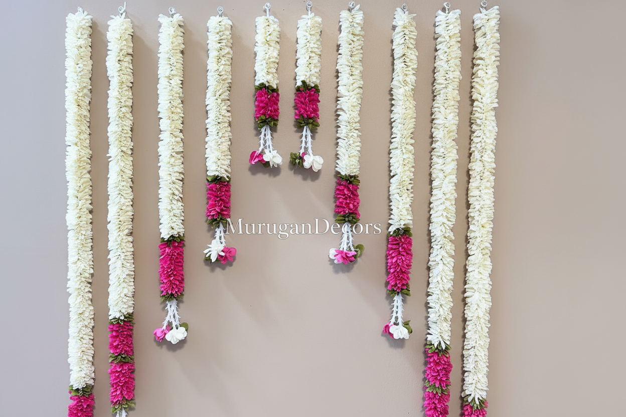 Indian Artificial flower garland|White and Pink Garland| pooja backdrop garland set for housewarming/festival decorations/pink garlands