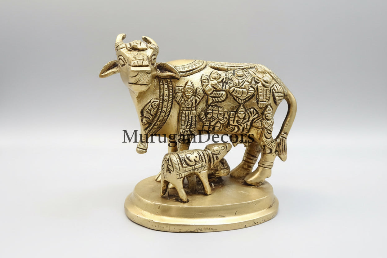 Brass Hindu god idols | Kamdhenu Cow With Calf Idol With Base- 4 Inches | Brass Idol | Antique Polish Cow And Calf Statue for Home | Antique Brass Statue|Cow and Calf brass Statue for housewarming gifts