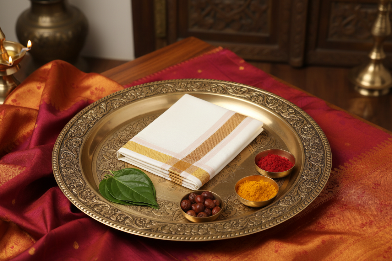 cotton Silk Doti and Angavastram for housewarming/Pongal/pooja/hindu festival|Mens Dhoti – Cream Cotton Double Jari Traditional Wear for Weddings & Festivals