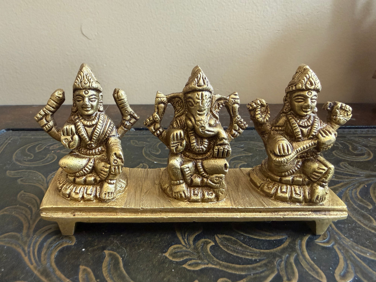 Brass Hindu god idols | Ganesha Lakshmi and Saraswati God statue for pooja room | Vinayakar & Lakshmi Murti | Antique Brass Statue| Lakshmi saraswathi brass Statue for housewarming