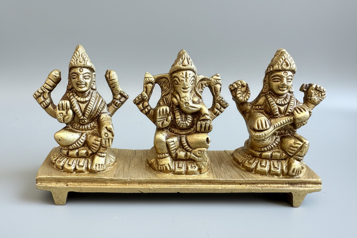 Brass Hindu god idols | Ganesha Lakshmi and Saraswati God statue for pooja room | Vinayakar & Lakshmi Murti | Antique Brass Statue| Lakshmi saraswathi brass Statue for housewarming