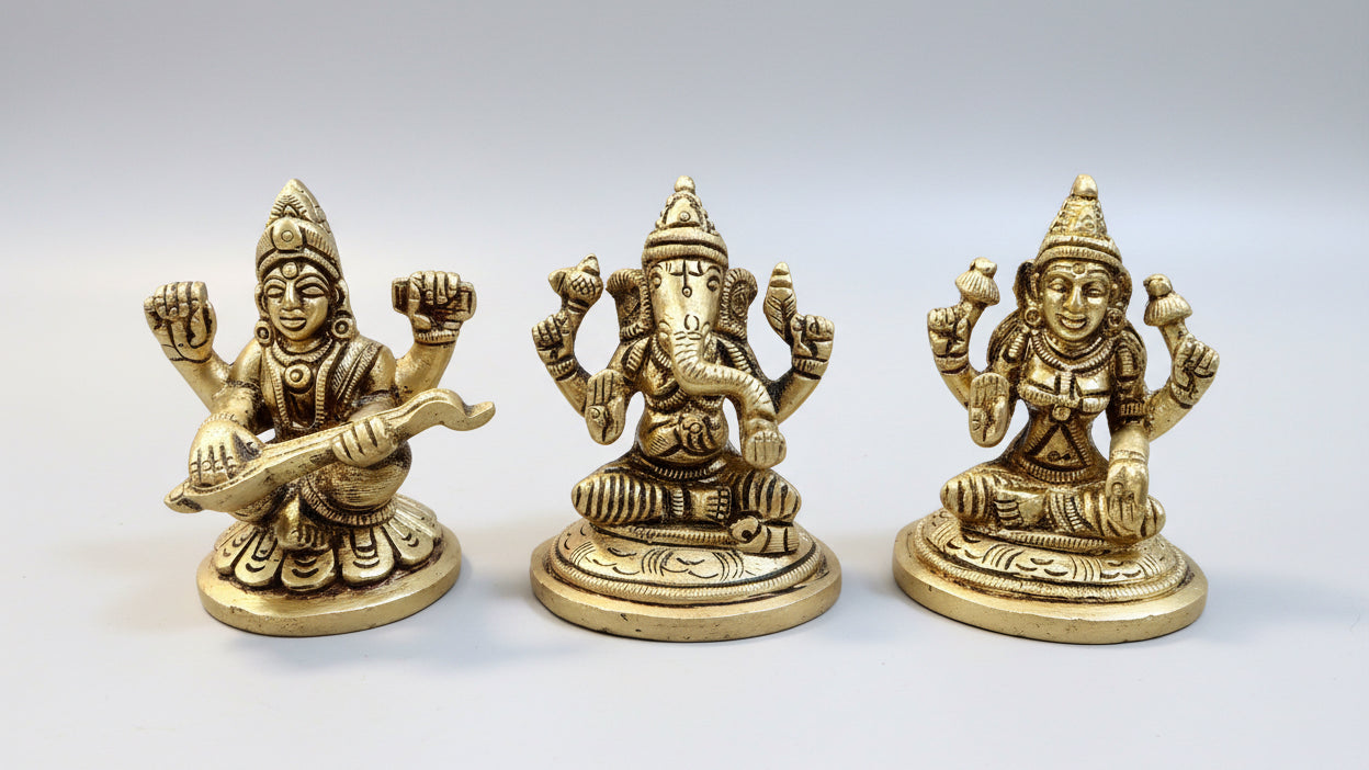 Brass Hindu god idols | Ganesha Lakshmi and Saraswati God statue for pooja room | Vinayakar & Lakshmi Murti | Antique Brass Statue| Lakshmi saraswathi brass Statue for housewarming